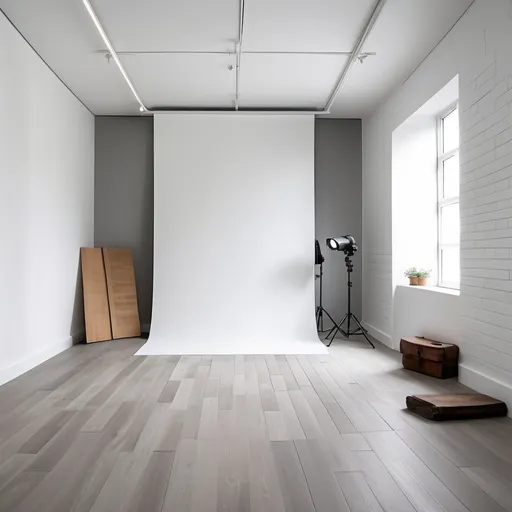 Prompt: 52sqm. photography studio space with ash gray wood tiles and white decoclad walls