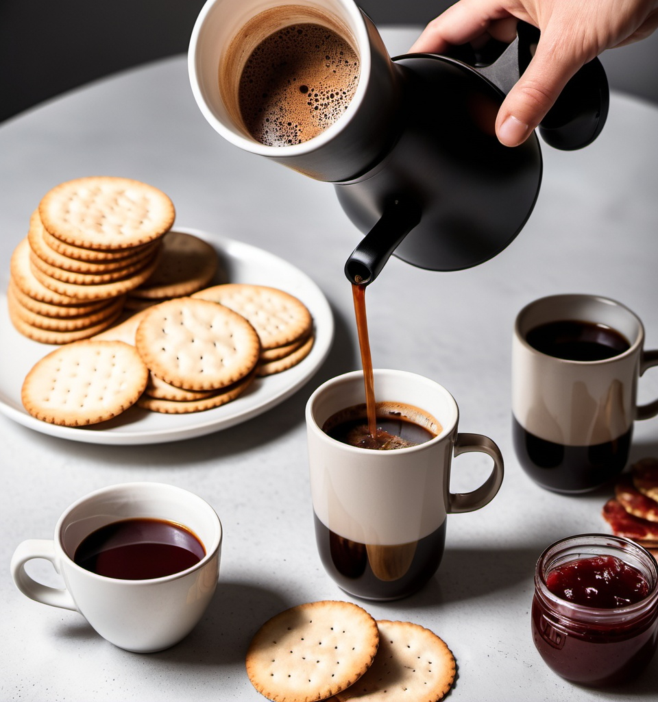 Prompt: Pouring coffee from a moka pot to a clear mug. Theres also some round crackers, jam, and bacon on the background