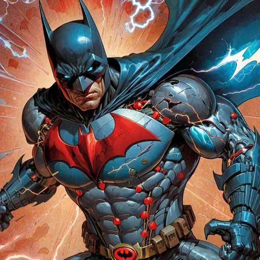 Prompt: a batman character in a comic book with lightning behind him and a red cape on his chest and chest, Altichiero, rayonism, cyborg, a comic book panel