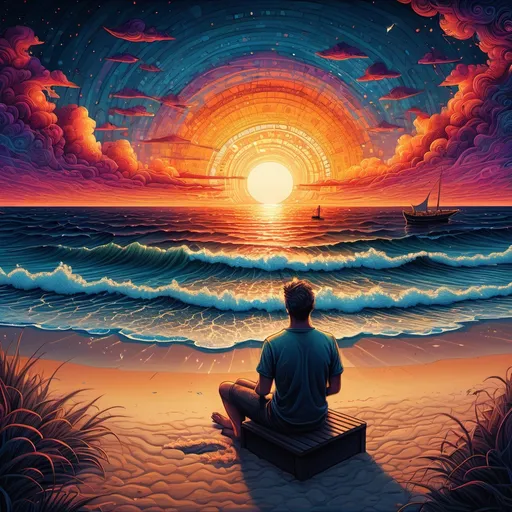 Prompt: Create a video from thispainting of a man sitting on the beach watching the sun set over the ocean with a boat in the distance, Dan Mumford, psychedelic art, sense of awe, a pointillism painting and the sunset is going to dark night