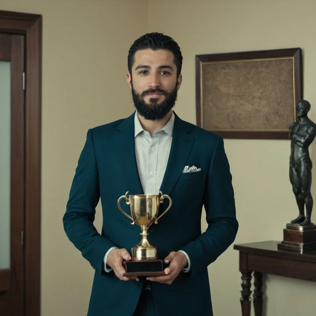 Prompt: a man with a beard and a suit jacket on posing for a picture in a room with a trophy on the wall, Amir Zand, dau-al-set, vfx, a picture