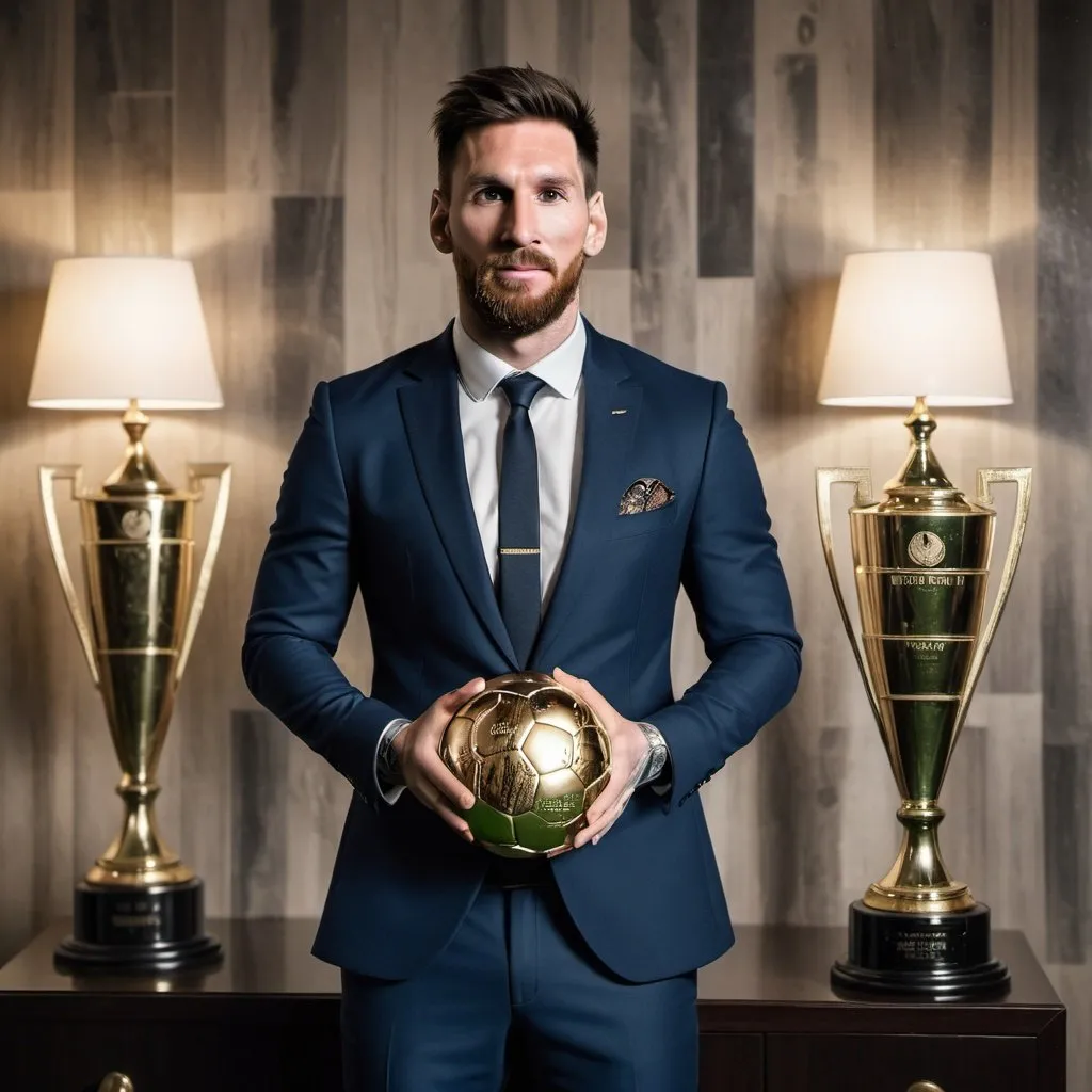 Prompt: football player called messi with a beard and a suit jacket on posing for a picture in a room with a trophy on the wall, Amir Zand, dau-al-set, vfx, a picture