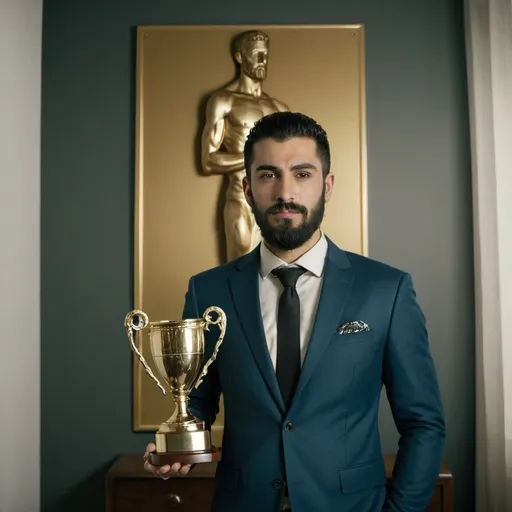 Prompt: a man with a beard and a suit jacket on posing for a picture in a room with a trophy on the wall, Amir Zand, dau-al-set, vfx, a picture