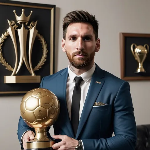 Prompt: football player called messi with a beard and a suit jacket on posing for a picture in a room with a trophy on the wall, Amir Zand, dau-al-set, vfx, a picture