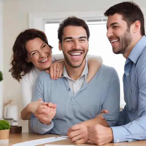 Prompt: 
Create stock photography of a happy couple who is working with a mortgage broker.