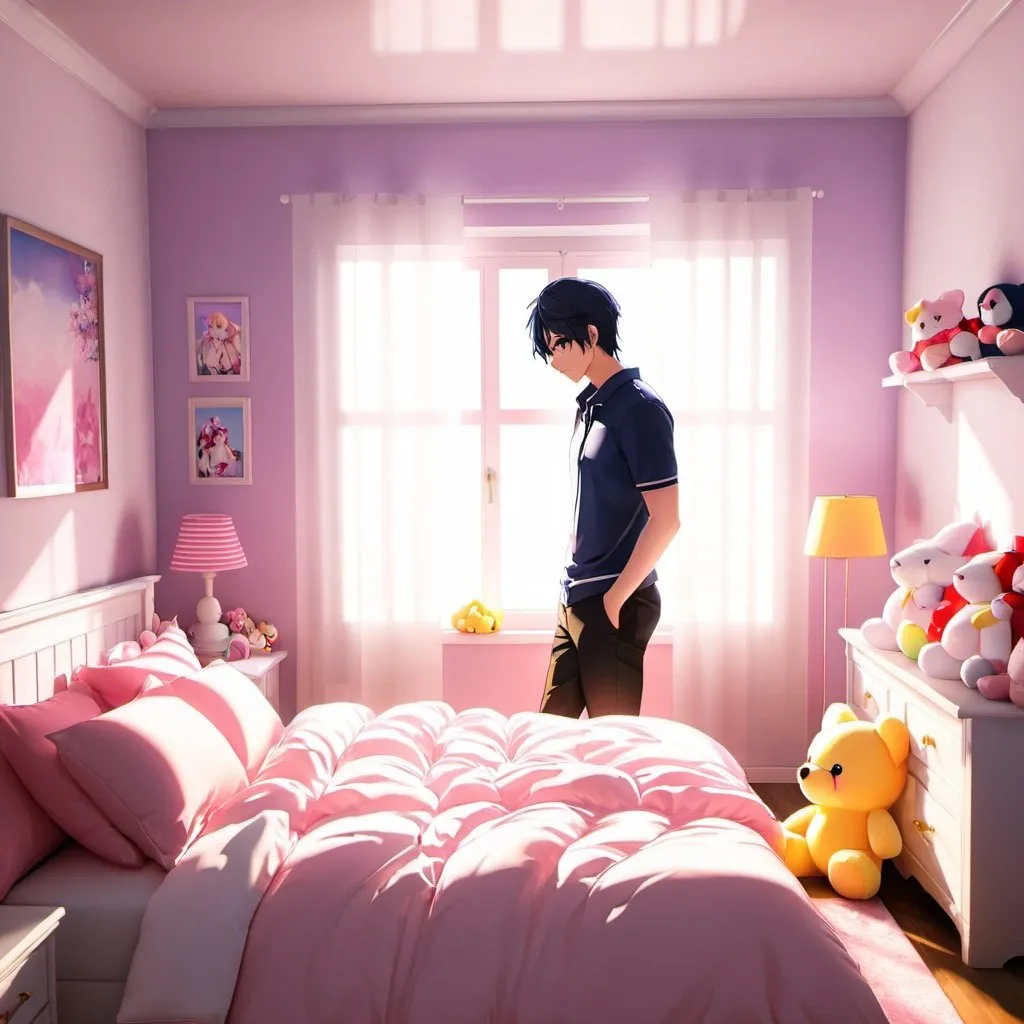 Prompt: yandere male standing next to bed filled with plushies. bright sun through window of bedroom.