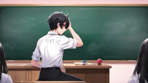 Prompt: yandere male in classroom by himself
manic scribbles on chalkboard