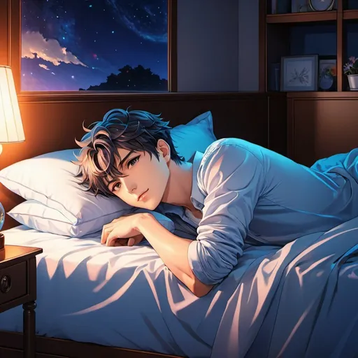 Prompt: Anime illustration of a male lying alone on a bed, homey aura, detailed linework, vibrant colors, highres, anime, homestyle, detailed linework, vibrant colors, atmospheric lighting, intense gaze