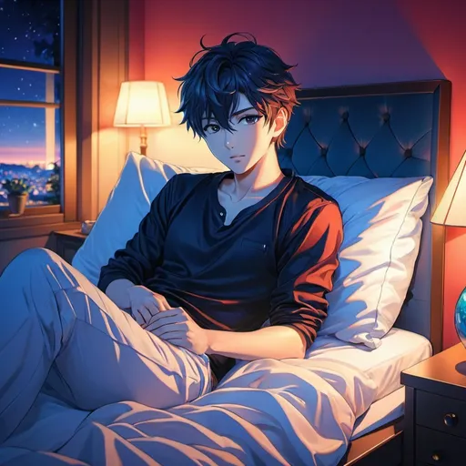Prompt: Anime illustration of a male lying alone on a bed, homey aura, detailed linework, vibrant colors, highres, anime, homestyle, detailed linework, vibrant colors, atmospheric lighting, intense gaze