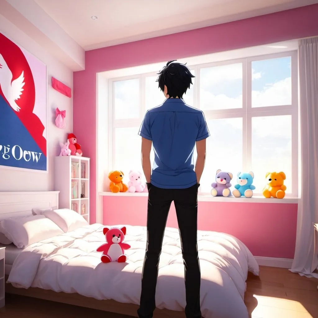 Prompt: yandere male standing next to bed filled with plushies. bright sun through window of bedroom.