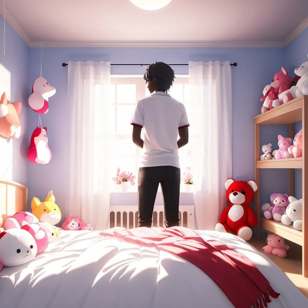 Prompt: yandere male standing next to bed filled with plushies. bright sun through window of bedroom.