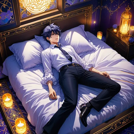 Prompt: Anime illustration of a male lying alone on a bed, tarot card theme, mystical aura, detailed linework, vibrant colors, highres, anime, tarot card, mystical, detailed linework, vibrant colors, atmospheric lighting, intense gaze