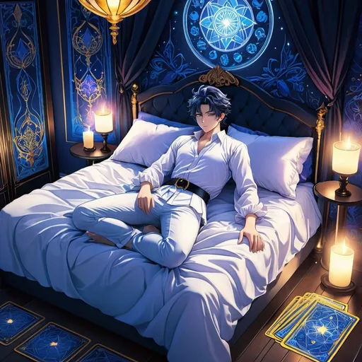 Prompt: Anime illustration of a male lying alone on a bed, tarot card theme, mystical aura, detailed linework, vibrant colors, highres, anime, tarot card, mystical, detailed linework, vibrant colors, atmospheric lighting, intense gaze