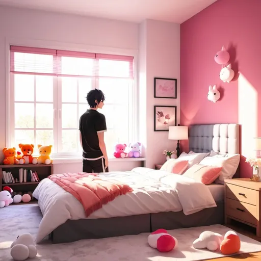 Prompt: yandere male standing next to bed filled with plushies. bright sun through window of bedroom.