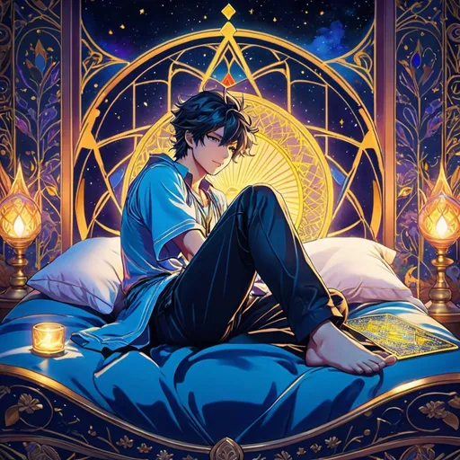 Prompt: Anime illustration of a male lying alone on a bed, tarot card theme, mystical aura, detailed linework, vibrant colors, highres, anime, tarot card, mystical, detailed linework, vibrant colors, atmospheric lighting, intense gaze