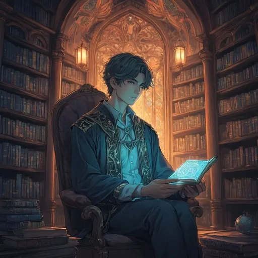 Prompt: Anime illustration of a male in a library, tarot card theme, mystical aura, detailed linework, vibrant colors, anime, mystical, linework, vibrant colors, atmospheric lighting, 