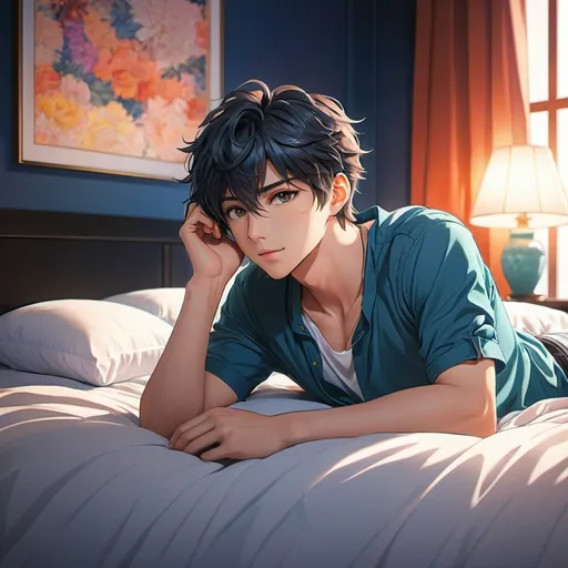 Prompt: Anime illustration of a male lying alone on a bed, homey aura, detailed linework, vibrant colors, highres, anime, homestyle, detailed linework, vibrant colors, atmospheric lighting, intense gaze