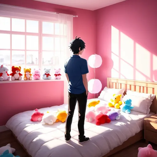 Prompt: yandere male standing next to bed filled with plushies. bright sun through window of bedroom.