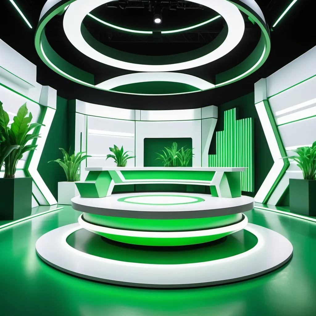 Prompt: An futuristic agriculture talkshow set design, Boxy design, realistic, studio lighting, boxy design, white, green.