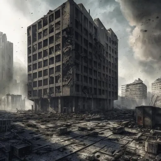 Prompt: Enormous brutalist building blasted, photorealism, rubble, destruction, detailed cracks, realistic textures, high definition, dramatic lighting, urban decay, large-scale, gritty realism, architectural details, intense shadows, atmospheric perspective