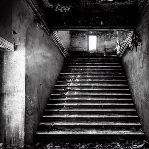 Prompt: Photo of burning staircase in
abandoned building,
symmetrical,
monochrome
photography, highly
detailed, crisp quality
and light reflections, still in flames
