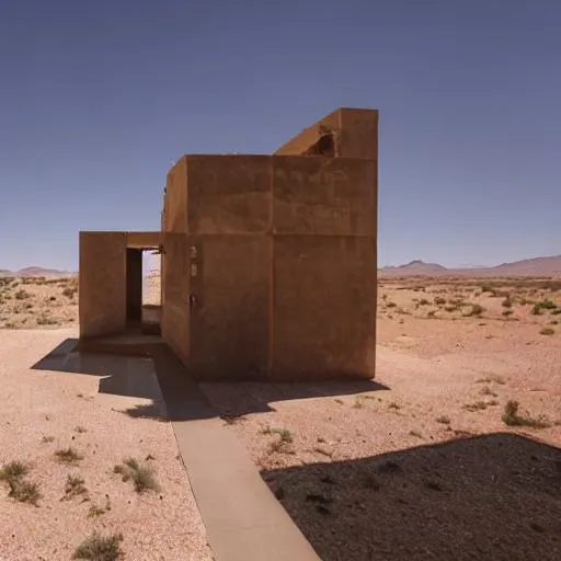 Prompt: highly detailed photo of a symetrical brualist abandond house in the desert.