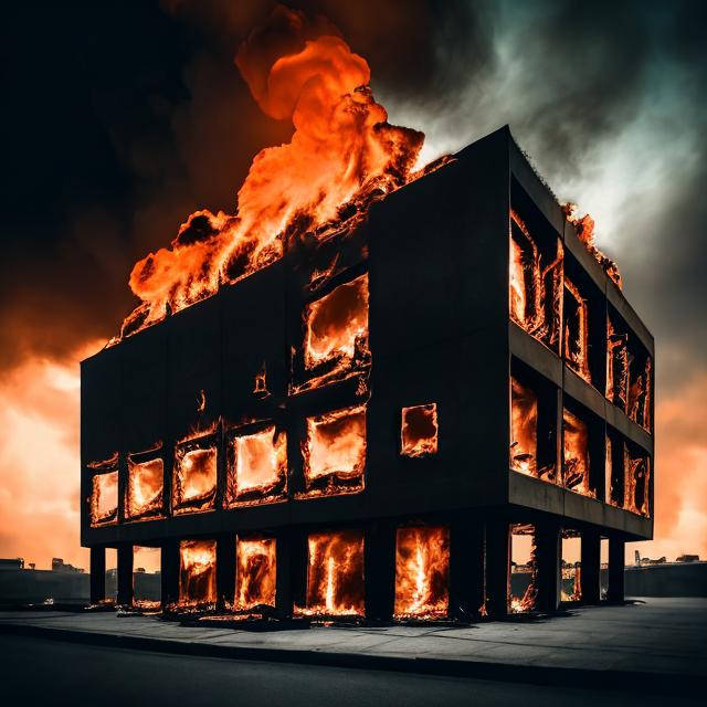 Prompt: Brutalist house engulfed in flames, rocky texture, intense heat, high quality, digital art, brutalist architecture, fiery red and orange tones, dramatic lighting