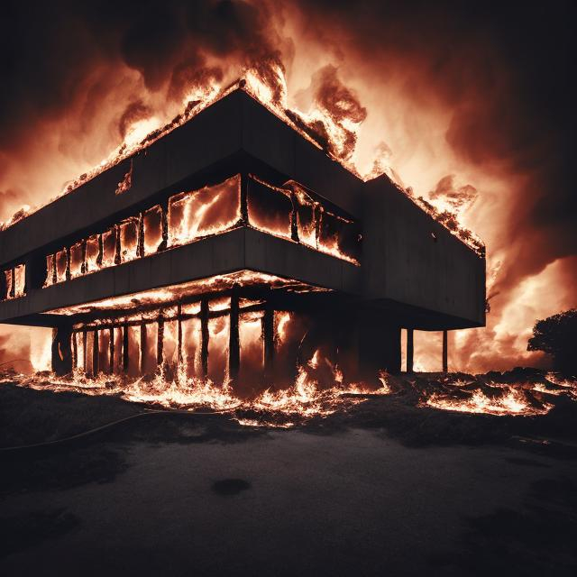 Prompt: Brutalist house engulfed in flames, rocky texture, intense heat, high quality, digital art, brutalist architecture, fiery red and orange tones, dramatic lighting