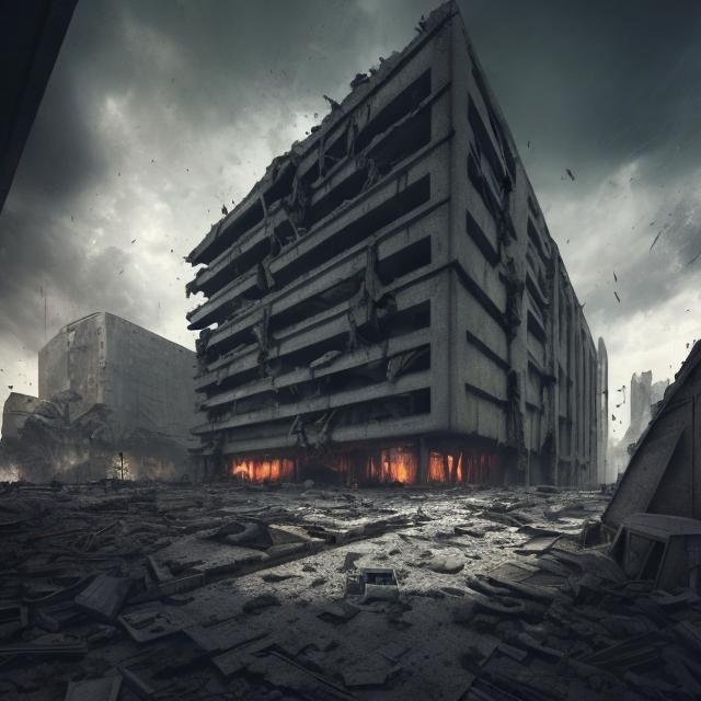 Prompt: Enormous brutalist building blasted, photorealism, rubble, destruction, detailed cracks, realistic textures, high definition, dramatic lighting, urban decay, large-scale, gritty realism, architectural details, intense shadows, atmospheric perspective