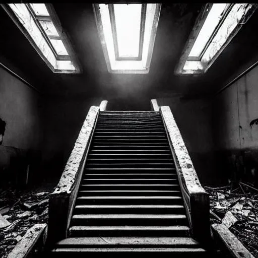 Prompt: Photo of burning staircase in
abandoned building,
symmetrical,
monochrome
photography, highly
detailed, crisp quality
and light reflections, still in flames
