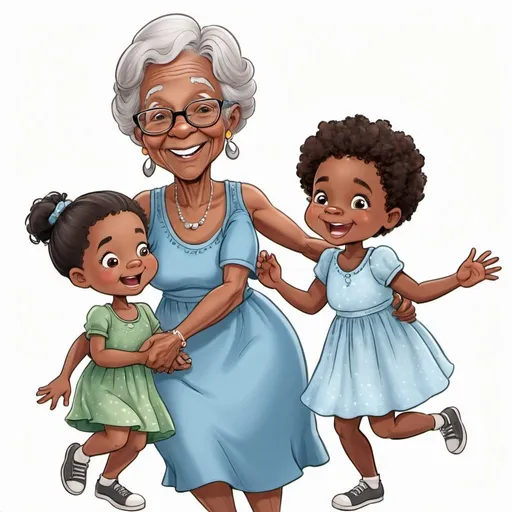 Prompt: cartoon of a grandmother playing with her three grandchildren 2  black boys and 1 black girl with pigtails and a dress happy
