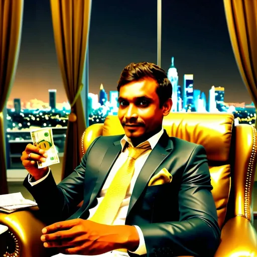 Prompt: (luxurious office interior), guy sitting comfortably in a plush leather chair, counting money and gold coins with a content smile, (premium details), decorated with extravagant art pieces and opulent decor, large window showing a city skyline, warm lighting casting a golden hue, (high quality), 4K, ultra-detailed environment showcasing wealth and success.