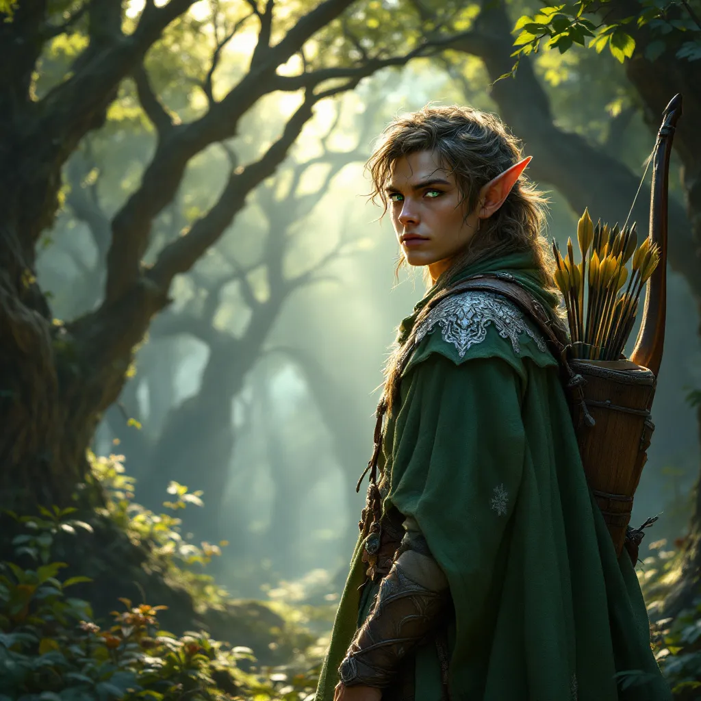 Prompt: Elf ranger in a mystical forest around sunlight