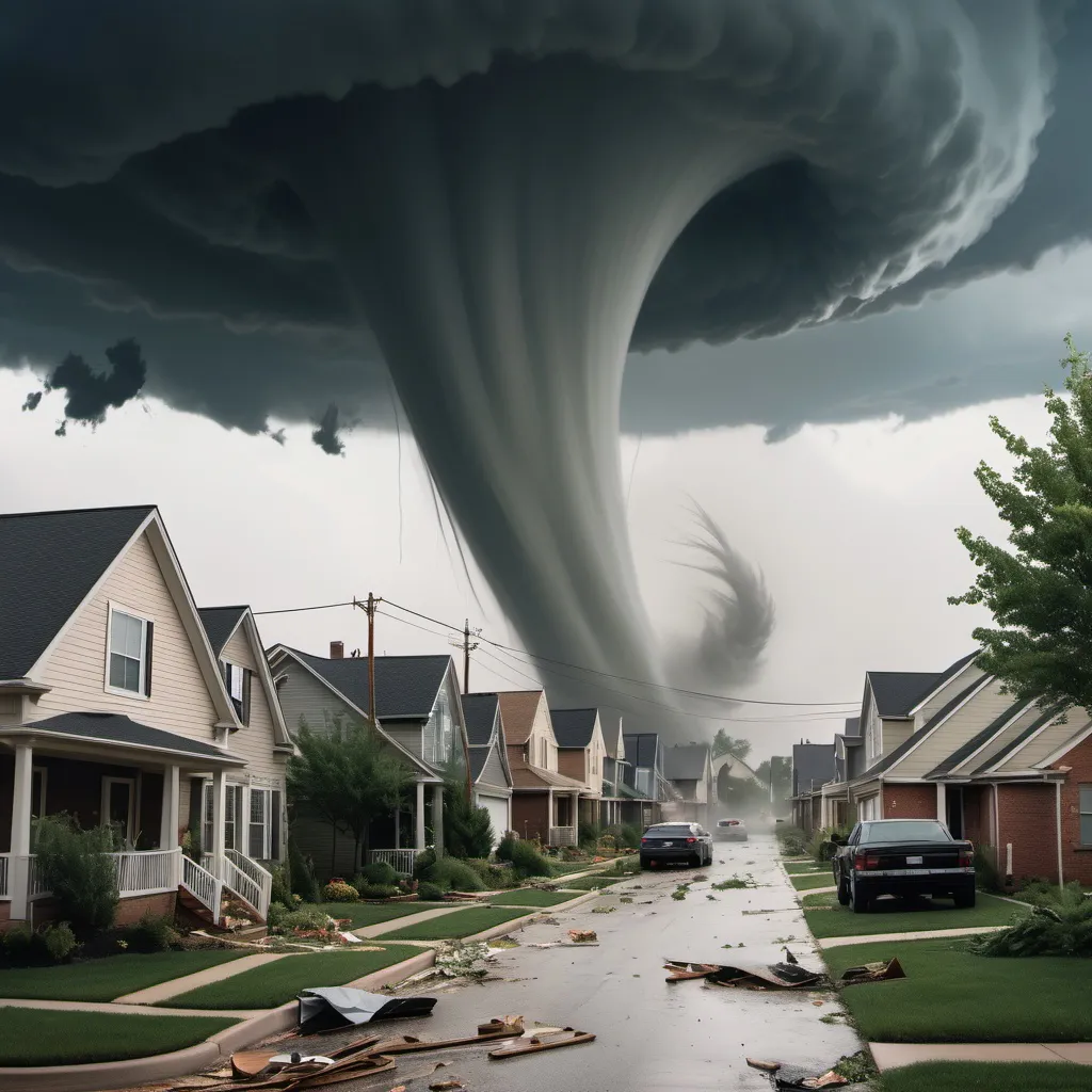 Prompt: mage Prompt: A filmic scene of a tornado going through a neighborhood, with winds blowing at the herbs and plants, and a house is torn apart and flown into the tornado.