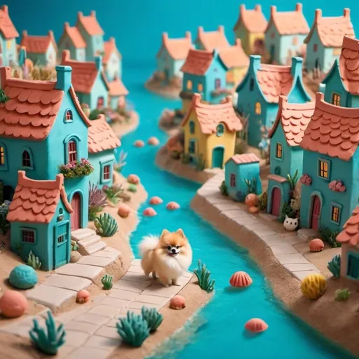 Prompt: a little village under the sea from clay with cute houses and a lot of Pomeranian walking down the streets. 