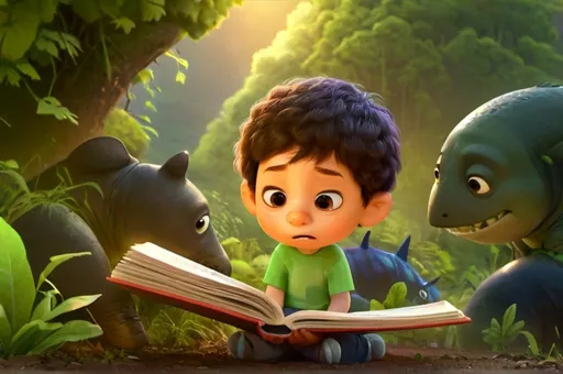 Prompt: 2 year old boy and book best friends, digital painting, lush nature backdrop, detailed technological elements, high quality, vibrant and whimsical, digital painting, lush greenery, futuristic, detailed characters, heartwarming friendship, bright and colorful, soft lighting