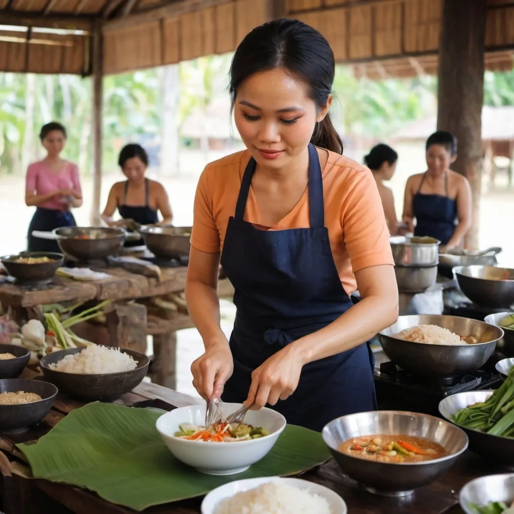 Prompt: beautiful Thai woman preparing delicious thai cuisine . Surronded by lovely hards.