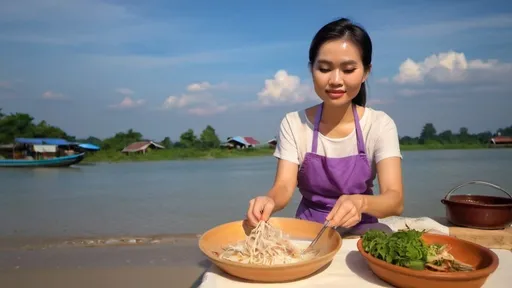 Prompt: beautiful Thai woman preparing delicious thai cuisine . The
 smel of the plate change in little hard.