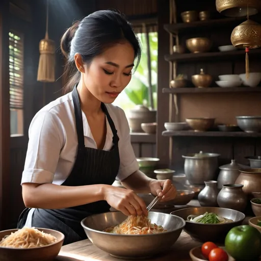 Prompt: Photo realistic beautiful Thai woman preparing delicious thai cuisine . Use light and shadow to capture the delicate contours of her face and the intricate details of her hair.