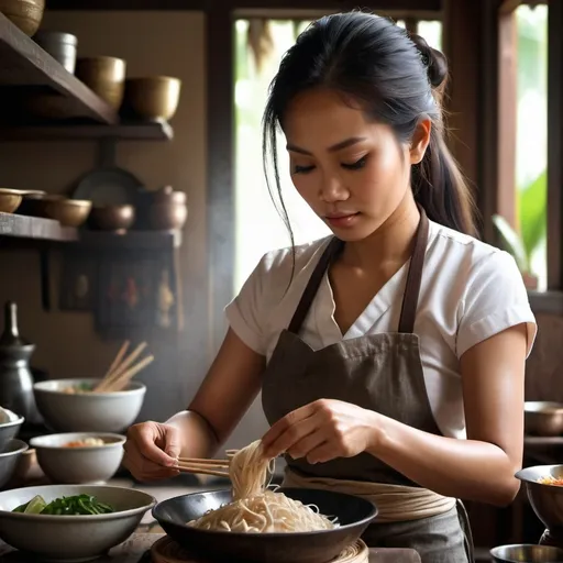 Prompt: Photo realistic beautiful Thai woman preparing delicious thai cuisine . Use light and shadow to capture the delicate contours of her face and the intricate details of her hair.