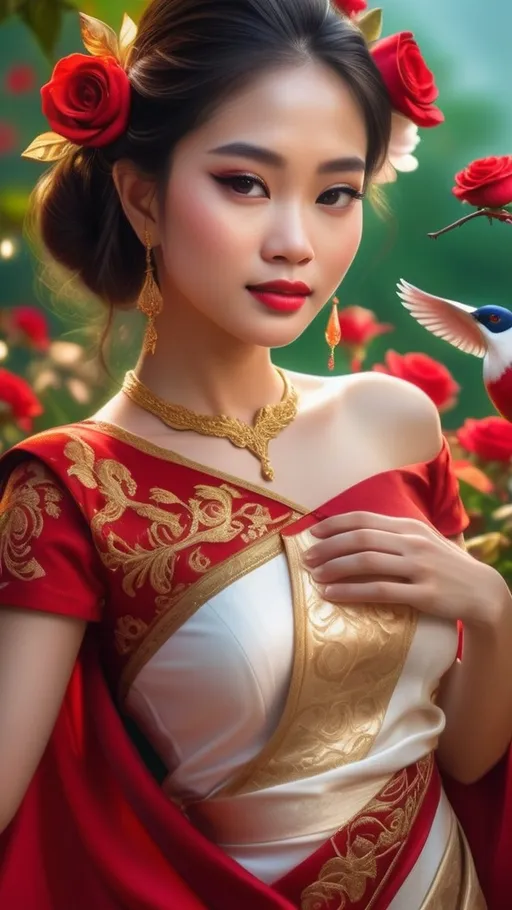 Prompt: Thai princesses in traditional red attire, (surrounded by vibrant red roses), ethereal beauty and grace, flinging birds in the air celebrating love, warm and romantic atmosphere, lush green background accentuating the vivid reds, intricate detailing on clothing, (ultra-detailed, 4K), soft diffused sunlight illuminating the scene, enchanting and joyful ambiance.