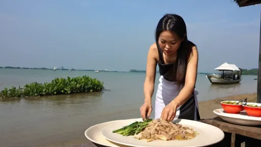 Prompt: beautiful Thai woman preparing delicious thai cuisine . The
 smel of the plate change in little hard.