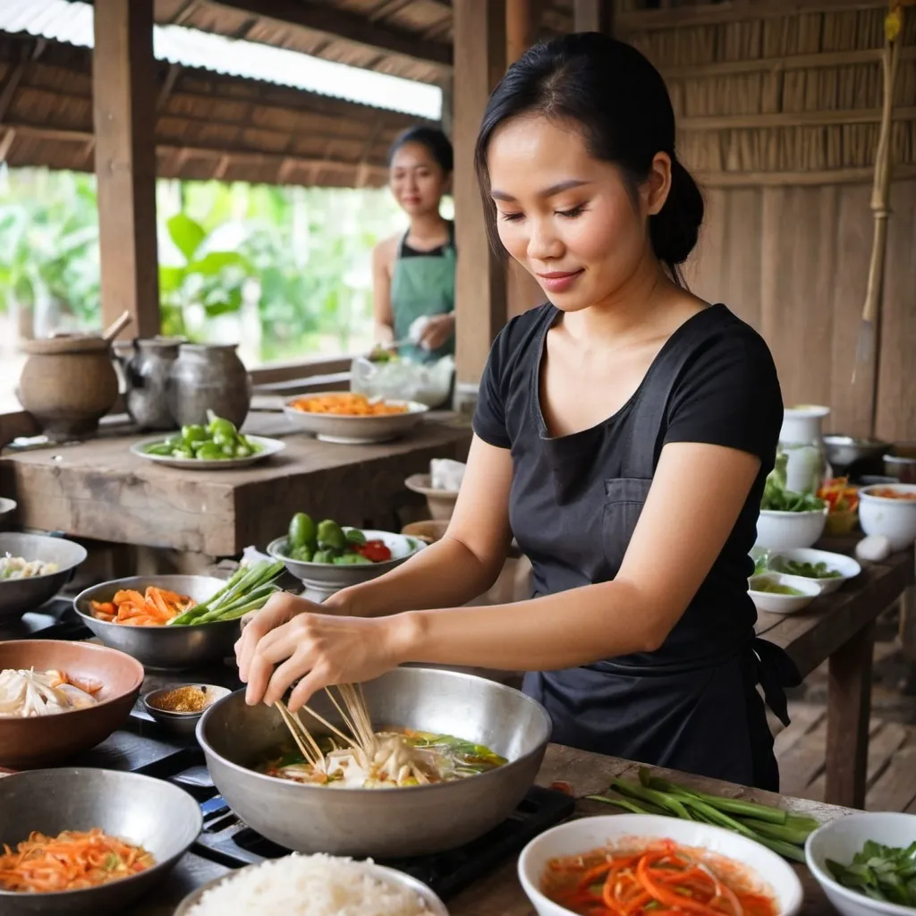 Prompt: beautiful Thai woman preparing delicious thai cuisine . Surronded by lovely hards.