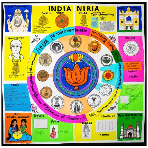 Prompt: for indian heritage poster generation competition, generate a nice hand drawable poster depicting india vedas, how vedic chanting is useful in an innovative way. this is to be drawn by an 7th grade student. it has to have multiple things in the poster showing how the vedas are important , what they taught, how yoga came from it. the poster should be well readable in english, with easy to draw for a 7th grade student. the text shown has to be in english and well visible in the poster. 