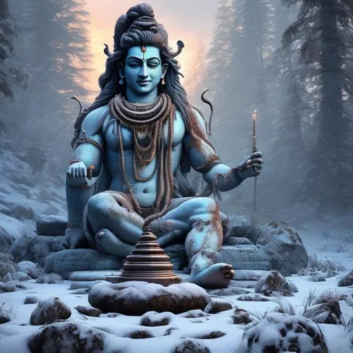 Prompt: Lord shiva in the picture as a god in a field of snow mountains surrounded by snow in the redwoods
dreamy natural colors, intricate details + diffused light + fantasy painting + ultra realistic + unreal engine, by Michaelangelo 