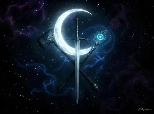 Prompt: Visualize a striking emblem featuring a luminous crescent moon, its silvery glow casting soft shadows around it. At the heart of the moon lies a long magnificent silvery bastard sword, its blade gleaming with ethereal silver moonlight, suggesting an ancient lineage and quiet power. Crossing the sword is an imposing armorer's hooked gravity hammer , its dark metallic surface etched with glowing silver arcane symbols, hinting at its formidable strength. Alongside it, a magical staff, topped with a glowing vortex of stars and adorned with intricate carvings and sparkling gems, radiates a mystical aura. The background is a star-speckled night sky, deep blues and purples swirling like a cosmic tapestry, with the gentle shimmer of stardust enhancing the scene. This image could be beautifully captured in a dark fantasy concept art style, emphasizing the contrast of light and shadow, giving life to this emblem of strength and magic.  The Sword is in the center, the hammer crosses over it on the right and the magical staff crosses them on the left .