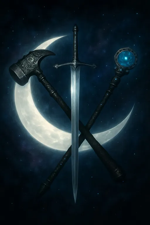 Prompt: Visualize a striking emblem featuring a luminous crescent moon, its silvery glow casting soft shadows around it. At the heart of the moon lies a long magnificent silvery bastard sword, its blade gleaming with ethereal light, suggesting an ancient lineage and quiet power. Crossing the sword is an imposing armorer's hooked gravity hammer , its dark metallic surface etched with glowing silver arcane symbols, hinting at its formidable strength. Alongside it, a magical staff, adorned with intricate carvings and sparkling gems, radiates a mystical aura. The background is a star-speckled night sky, deep blues and purples swirling like a cosmic tapestry, with the gentle shimmer of stardust enhancing the scene. This image could be beautifully captured in a dark fantasy concept art style, emphasizing the contrast of light and shadow, giving life to this emblem of strength and magic.