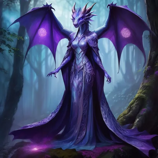 Prompt: Envision a powerful female dragon humanoid with vivid violet slit eyes standing tall amidst a misty forest glade, her iridescent silvery blue scales shimmering subtly in the dappled moonlight that filters through the canopy above. She wears a flowing purple robe that billows softly in the cool night breeze, adorned with intricate silver embroidery resembling ancient symbols. This dark purple robe is embroidered with small shining white or silver stars making the robe look like a night full of swirling stars. Six red stars, located on the robe’s upper-front portion, are particularly large. In one hand, she confidently wields a long, slender sword, its blade reflecting the ethereal glow of the surroundings, while her other hand clutches a beautifully crafted shield, embossed with a majestic dragon motif. The atmosphere is mystical, thick with a sense of magic as wisps of fog curl around her ankles. Suggest a style reminiscent of cinematic lighting, capturing the enchantment of the moment and the formidable presence of this mythical guardian.