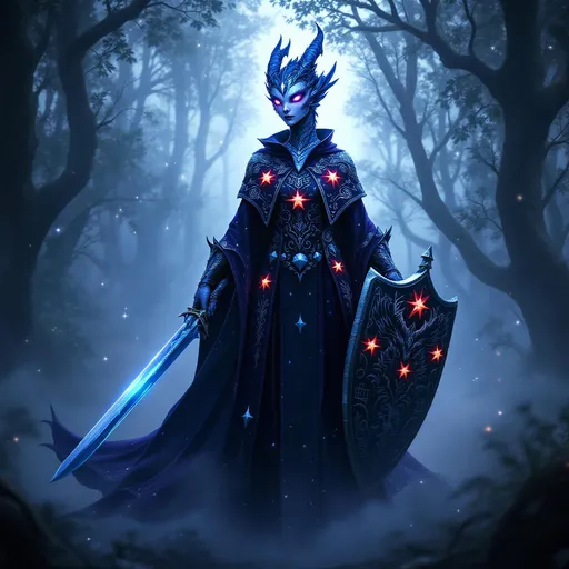 Prompt: Envision a powerful female dragon humanoid with vivid violet slit eyes standing tall amidst a misty forest glade, her iridescent silvery blue scales shimmering subtly in the dappled moonlight that filters through the canopy above. She wears a flowing purple robe that billows softly in the cool night breeze, adorned with intricate silver embroidery resembling ancient symbols. This dark purple robe is embroidered with small shining white or silver stars making the robe look like a night full of swirling stars. Six red stars, located on the robe’s upper-front portion, are particularly large. In one hand, she confidently wields a long, slender sword, its blade reflecting the ethereal glow of the surroundings, while her other hand clutches a beautifully crafted shield, embossed with a majestic dragon motif. The atmosphere is mystical, thick with a sense of magic as wisps of fog curl around her ankles. Suggest a style reminiscent of cinematic lighting, capturing the enchantment of the moment and the formidable presence of this mythical guardian.