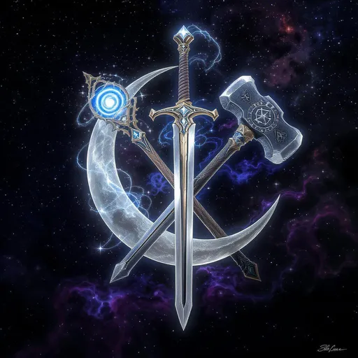 Prompt: Visualize a striking emblem featuring a luminous crescent moon, its silvery glow casting soft shadows around it. At the heart of the moon lies a long magnificent silvery bastard sword, its blade gleaming with ethereal light, suggesting an ancient lineage and quiet power. Crossing the sword is an imposing armorer's hooked gravity hammer , its dark metallic surface etched with glowing silver arcane symbols, hinting at its formidable strength. Alongside it, a magical staff, topped with a glowing vortex of stars and adorned with intricate carvings and sparkling gems, radiates a mystical aura. The background is a star-speckled night sky, deep blues and purples swirling like a cosmic tapestry, with the gentle shimmer of stardust enhancing the scene. This image could be beautifully captured in a dark fantasy concept art style, emphasizing the contrast of light and shadow, giving life to this emblem of strength and magic.  The Sword is in the center, the hammer crosses over it on the right and the magical staff crosses them on the left .